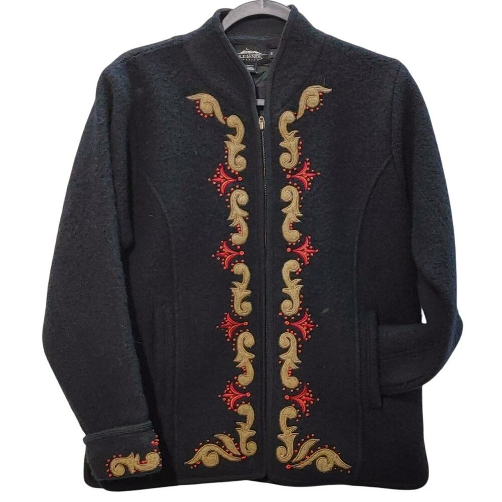 Icelandic Designs Cardigan Sweater 100% Wool Zip Up Embroidered Black Womens S